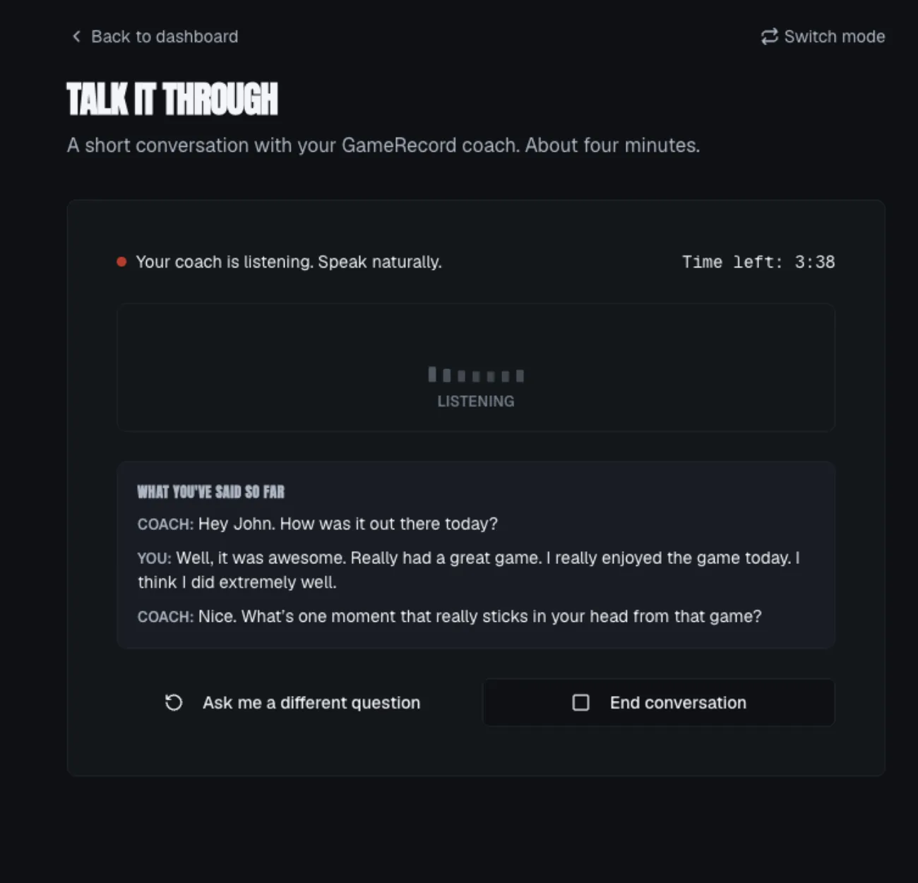 GameRecord's coached chat screen: the AI coach asks about the game and the player answers by voice