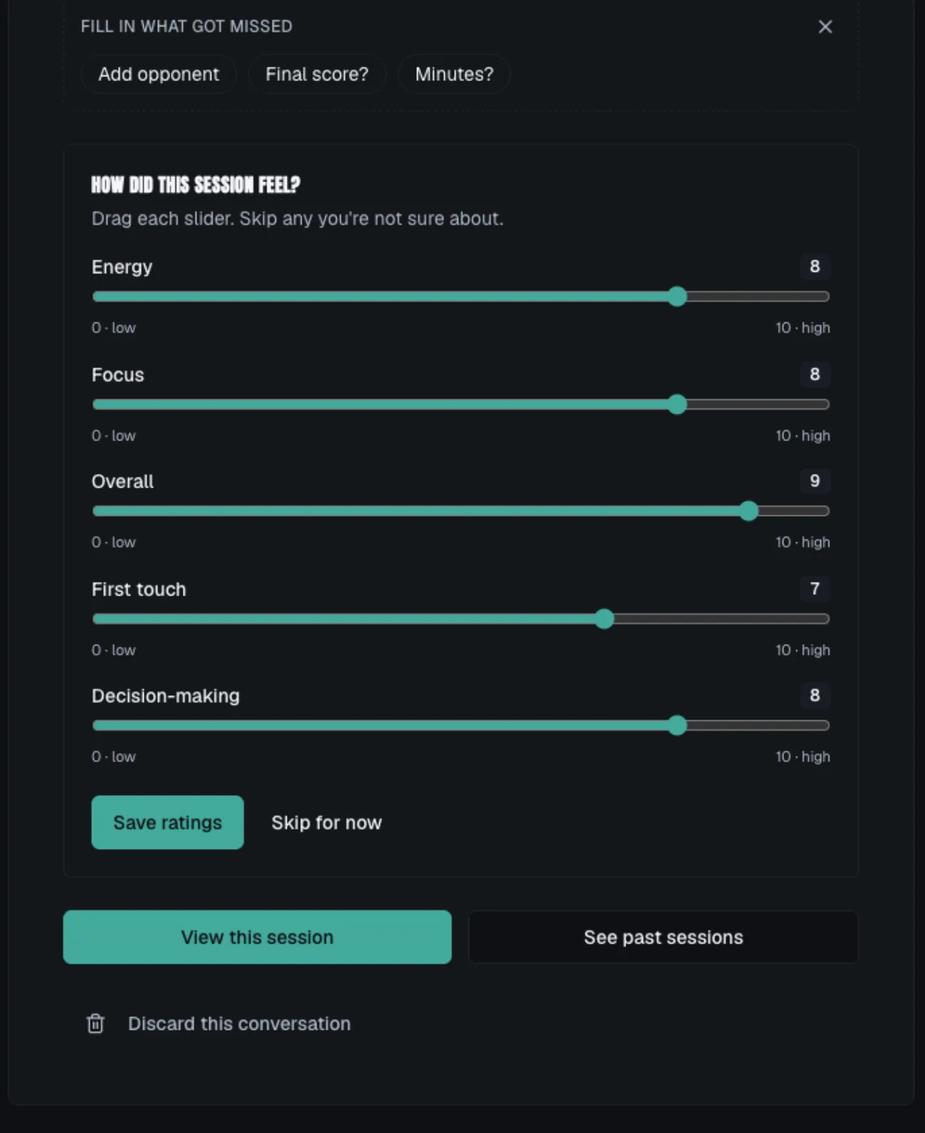 Session feel sliders in GameRecord: energy, focus, overall, first touch and decision-making ratings